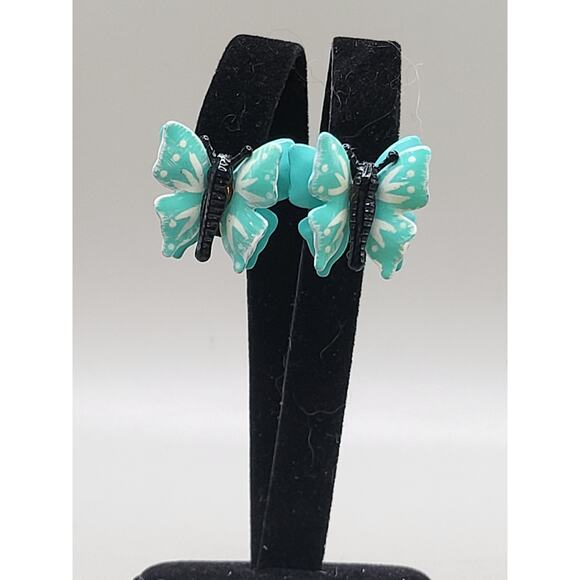 Vintage Turquoise Enamel Butterfly Clip On Earrings 1950s - Picture 4 of 9